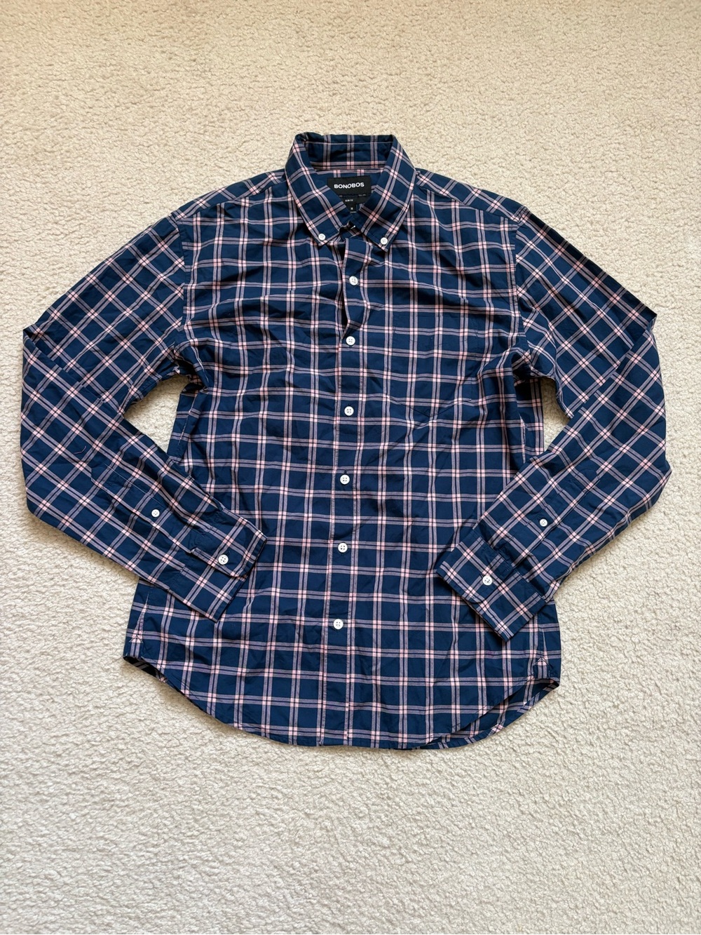Bonobos navy blue pink plaid button down slim fit shirt sz M preppy heritage
